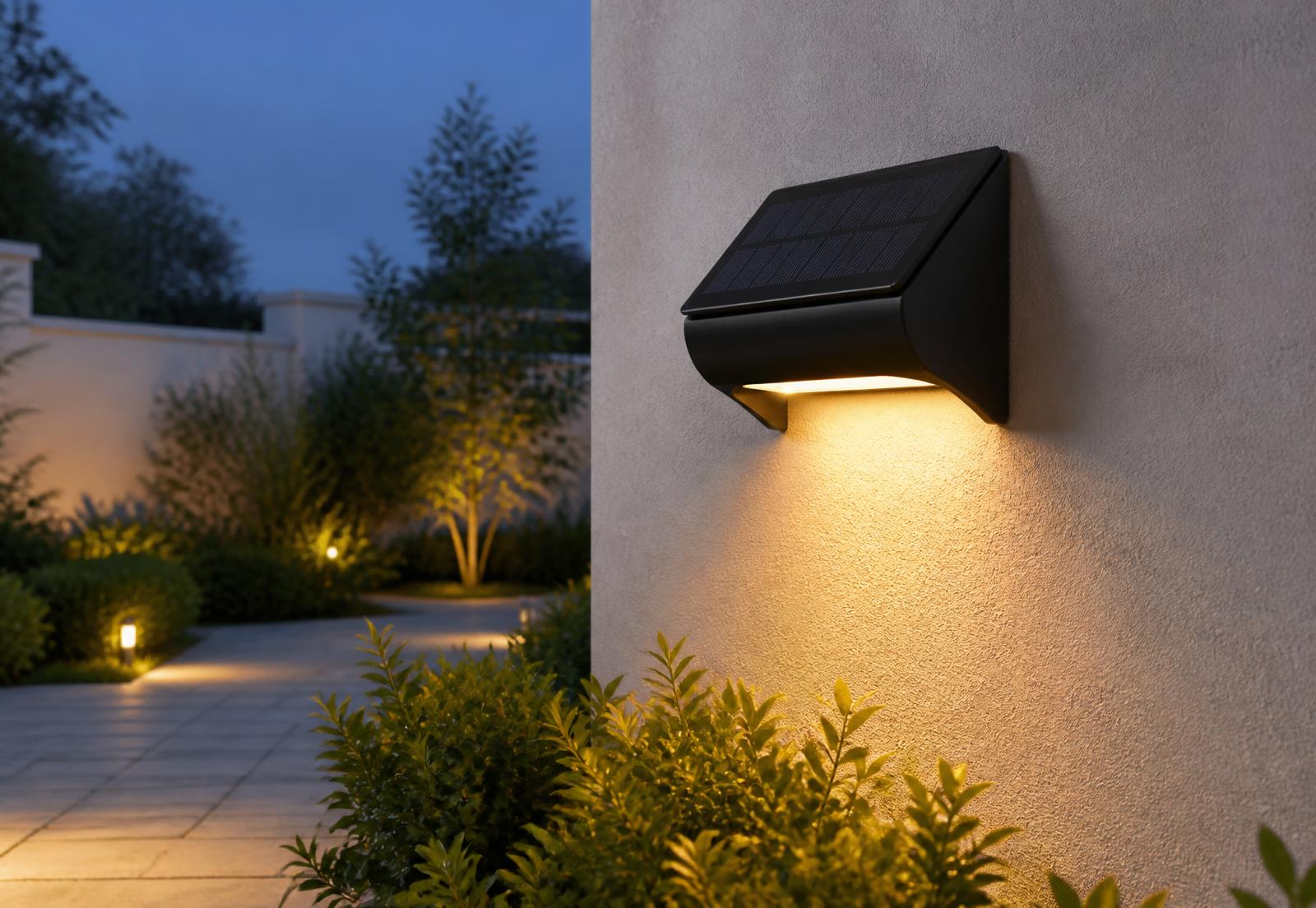 Solar-powered LumaGuard wall light glowing on a garden wall at dusk